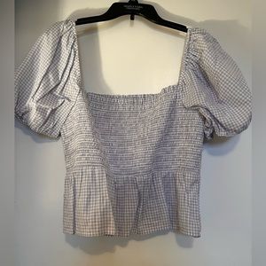 Blue and white check, short sleeve smocked top with peplum.